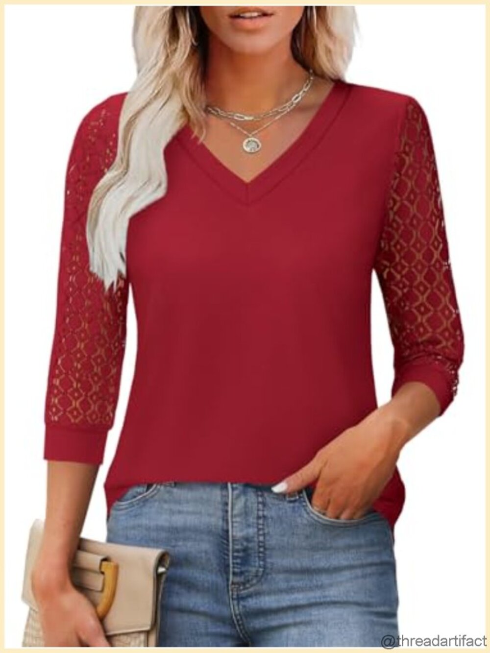 Women Lace 3/4 Sleeve V Neck Blouse Dressy Casual Top